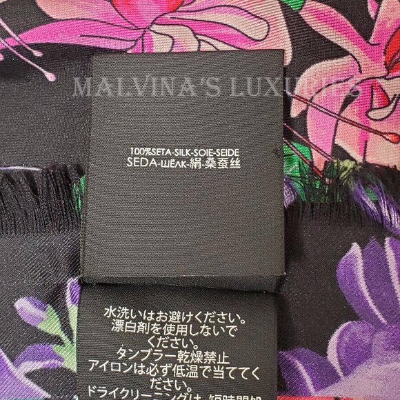 GUCCI SCARF LENIS FLORAL BLACK MULTICOLOR PRINT w LOGO TWILL SILK SQUARE 35" - Picture 10 of 13